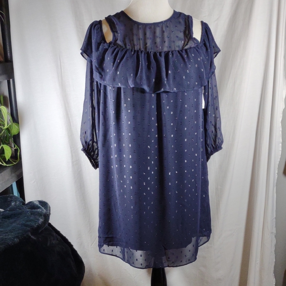 NWT Old Navy Midnight Blue Patterned Cold Sheer Shoulder Dress - Size M